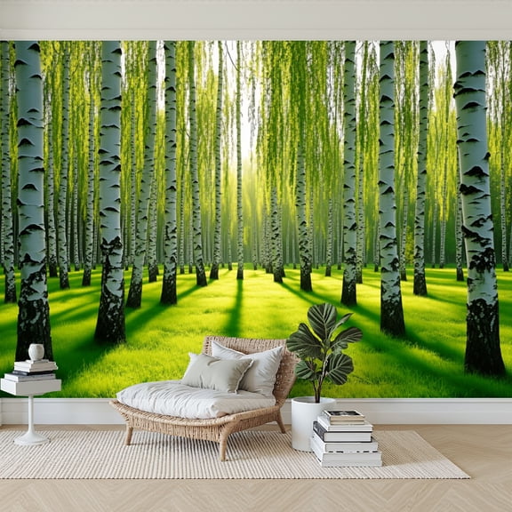 Wallpaper Serene Birch Forest Green Grass Sunlight Streaming Trees Peel and Stick Wall Murals 69"H x 96"W Removable PVC Wall Paper Self-Adhesive Wall Paintings Art Decor for Bedroom Living Room