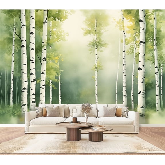 Wallpaper Serene Birch Tree Forest Soft Green Yellow Tones Woodland Vintage Peel and Stick Wall Murals 100"H x 144"W Removable PVC Wall Paper Self-Adhesive Wall Paintings Art for Bedroom Living Room