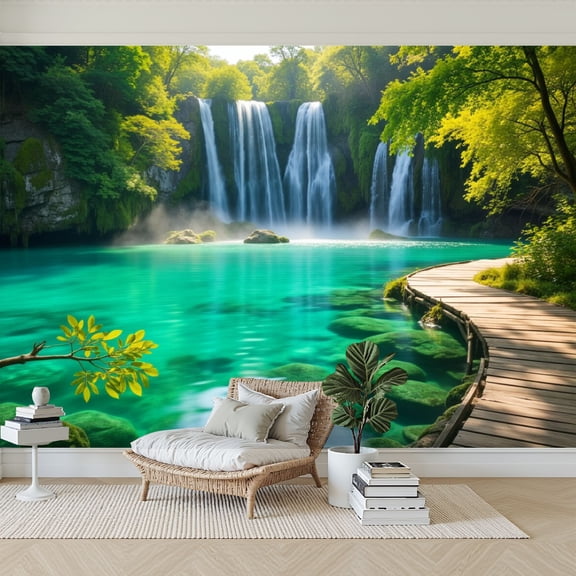 Wallpaper Serene Forest Waterfall Turquoise Pool Wooden Pathway Peel and Stick Wall Murals 69"H x 96"W Removable PVC Wall Paper Self-Adhesive Wall Paintings Art Decor for Bedroom Living Room