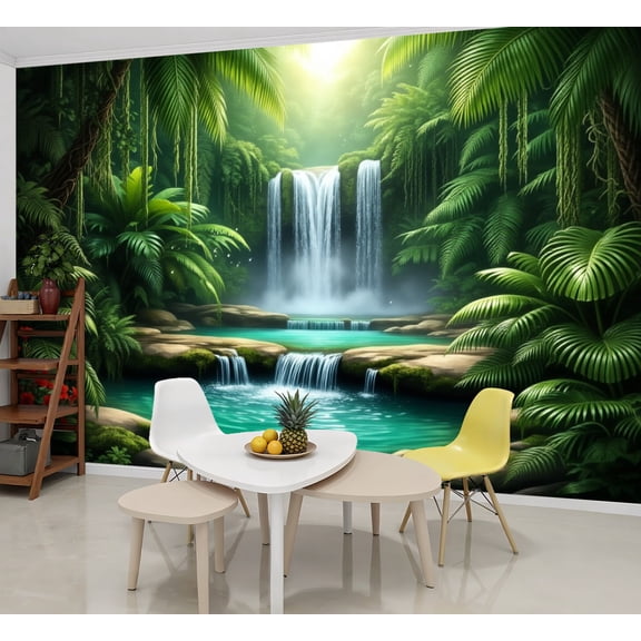 Wallpaper Serene Jungle Waterfall Greenery Clear Pools Peel and Stick Wall Murals 69"H x 96"W Removable PVC Wall Paper Self-Adhesive Wall Paintings Art Decor for Bedroom Living Room