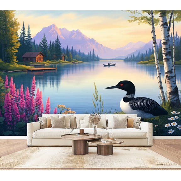 Wallpaper Serene Lake Landscape Loon Wildflowers Majestic Peel and Stick Wall Murals 100"H x 144"W Removable PVC Wall Paper Self-Adhesive Wall Paintings Art Decor for Bedroom Living Room