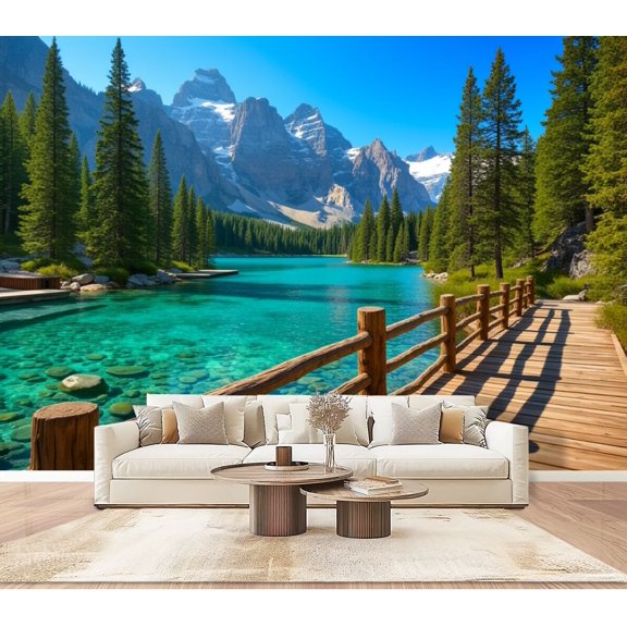 Wallpaper Serene Mountain Landscape Crystal Clear Lake Wooden Bridge Peel and Stick Wall Murals 100"H x 144"W Removable PVC Wall Paper Self-Adhesive Wall Paintings Art Decor for Bedroom Living Room