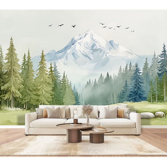 Wallpaper Serene Mountain Landscape Snow Peaks Pine Forest Watercolor Peel and Stick Wall Murals 100"H x 144"W Removable PVC Wall Paper Self-Adhesive Wall Paintings Art Decor for Bedroom Living Room