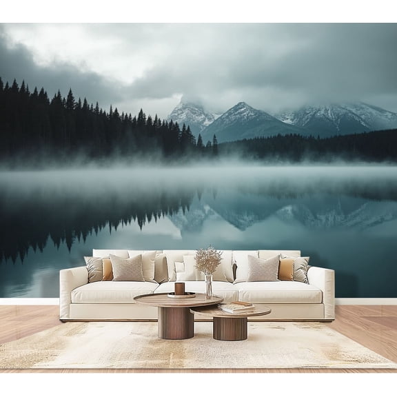 Wallpaper Serene Mountain Landscape Snowy Peaks Misty Forest Peel and Stick Wall Murals 100"H x 144"W Removable PVC Wall Paper Self-Adhesive Wall Paintings Art Decor for Bedroom Living Room