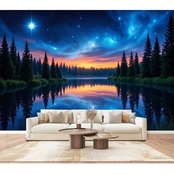 Wallpaper Serene Starry Night Reflective Forest Lake Colorful Sky Peel and Stick Wall Murals 100"H x 144"W Removable PVC Wall Paper Self-Adhesive Wall Paintings Art Decor for Bedroom Living Room