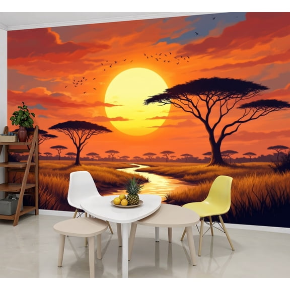 Wallpaper Serene Sunset African Savannah Acacia Trees River Peel and Stick Wall Murals 69"H x 96"W Removable PVC Wall Paper Self-Adhesive Wall Paintings Art Decor for Bedroom Living Room
