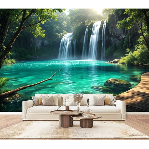 Wallpaper Serene Tropical Waterfall Turquoise Lagoon Landscape Peel and Stick Wall Murals 100"H x 144"W Removable PVC Wall Paper Self-Adhesive Wall Paintings Art Decor for Bedroom Living Room