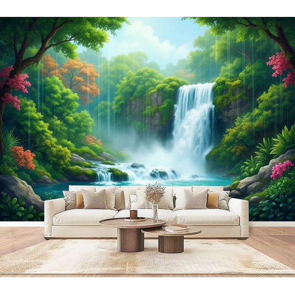 Wallpaper Serene Waterfall Green Forest Mist Colorful Autumn Peel and Stick Wall Murals 100"H x 144"W Removable PVC Wall Paper Self-Adhesive Wall Paintings Art Decor for Bedroom Living Room