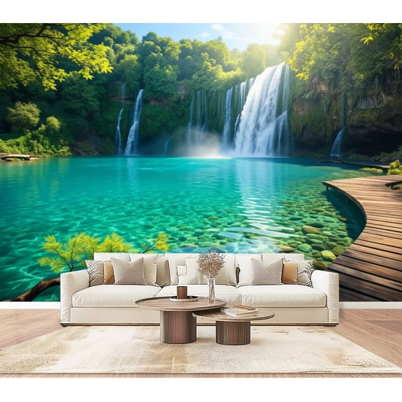Wallpaper Serene Waterfall Lagoon Turquoise Clear Water Boardwalk Peel and Stick Wall Murals 100"H x 144"W Removable PVC Wall Paper Self-Adhesive Wall Paintings Art Decor for Bedroom Living Room