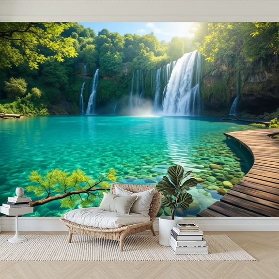 Wallpaper Serene Waterfall Lagoon Turquoise Clear Water Boardwalk Peel and Stick Wall Murals 69"H x 96"W Removable PVC Wall Paper Self-Adhesive Wall Paintings Art Decor for Bedroom Living Room
