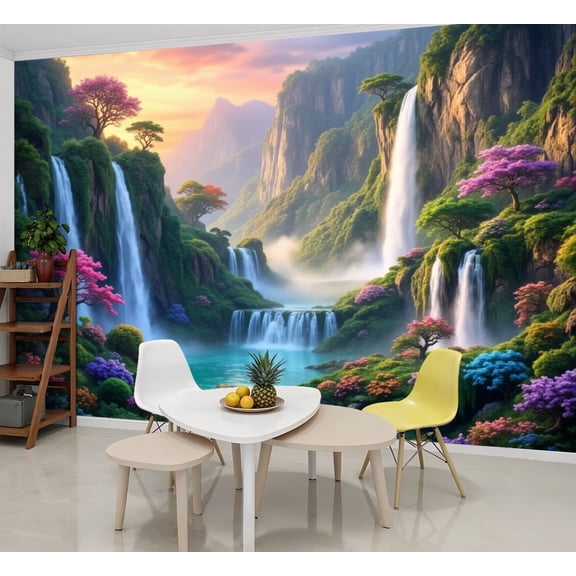 Wallpaper Serene Waterfalls Vibrant Mountain Landscape Flora Peel and Stick Wall Murals 69"H x 96"W Removable PVC Wall Paper Self-Adhesive Wall Paintings Art Decor for Bedroom Living Room