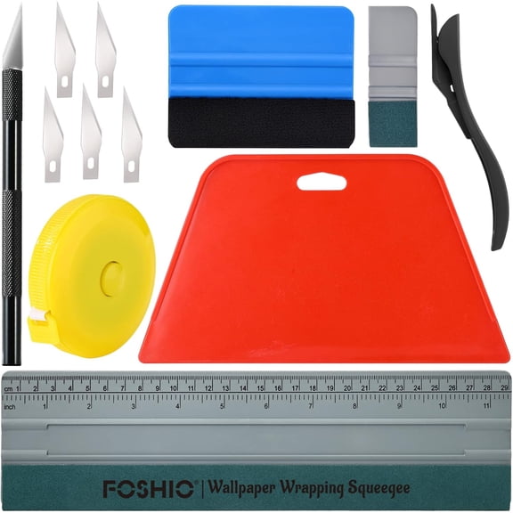 Wallpaper Smoothing Tool Kit, Red Hard Squeegee, 11.5 Inch Wallpaper Wrapping Squeegee, 4 Inch Felt Squeegee with Micro Squeegee, Safety Cutter and Craft Knife, Tape Measure Vinyl Wrap Tool Kit