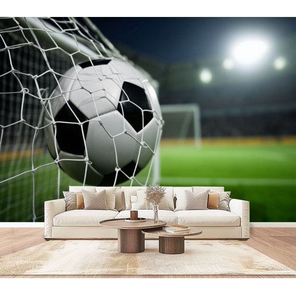 Wallpaper Soccer Ball Hitting Goal Net Stadium Dramatic Lighting Peel and Stick Wall Murals 100"H x 144"W Removable PVC Wall Paper Self-Adhesive Wall Paintings Art Decor for Bedroom Living Room