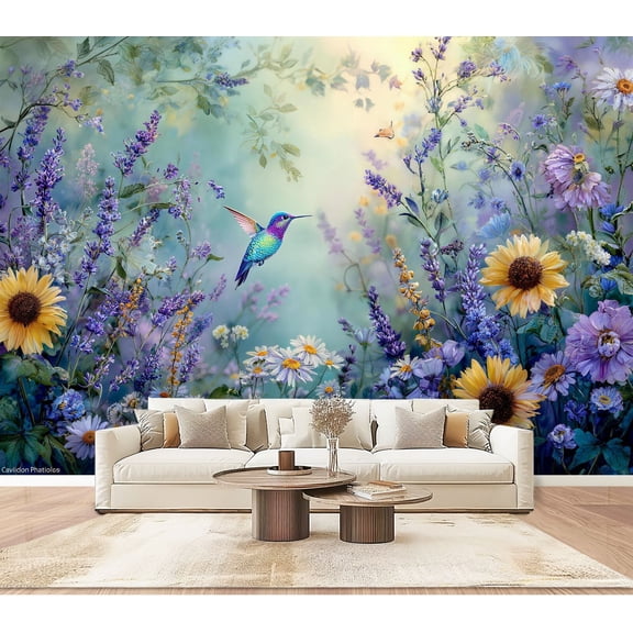 Wallpaper Soft Pastel Lavender Wildflower Watercolor Hummingbirds Vintage Peel and Stick Wall Murals 100"H x 144"W Removable PVC Wall Paper Self-Adhesive Wall Paintings Art for Bedroom Living Room