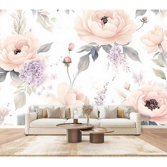 Wallpaper Soft Peach Lavender Floral Peonies Delicate Blooms romantic Peel and Stick Wall Murals 100"H x 144"W Removable PVC Wall Paper Self-Adhesive Wall Paintings Art Decor for Bedroom Living Room