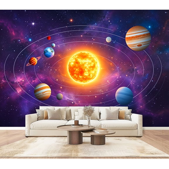 Wallpaper Solar System Planets Orbiting Sun Space Peel and Stick Wall Murals 100"H x 144"W Removable PVC Wall Paper Self-Adhesive Wall Paintings Art Decor for Bedroom Living Room