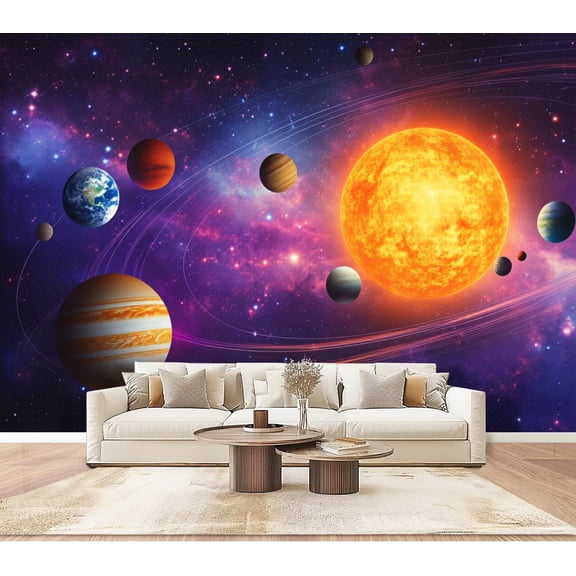 Wallpaper Solar System Planets Orbiting Sun Space Peel and Stick Wall Murals 100"H x 144"W Removable PVC Wall Paper Self-Adhesive Wall Paintings Art Decor for Bedroom Living Room