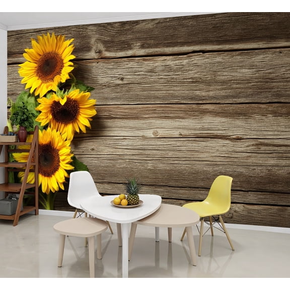Wallpaper Sunflowers wooden board Peel and Stick Wall Murals 69"H x 96"W Removable PVC Wall Paper Self-Adhesive Wall Paintings Art Decor for Bedroom Living Room