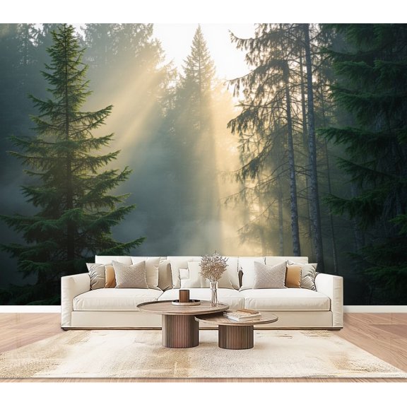 Wallpaper Sunlight Filtering Tall Forest Trees Misty Morning Vintage Peel and Stick Wall Murals 100"H x 144"W Removable PVC Wall Paper Self-Adhesive Wall Paintings Art Decor for Bedroom Living Room