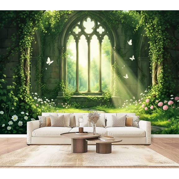 Wallpaper Sunlit Garden Butterfly Ivy Covered Stone Archway Peel and Stick Wall Murals 100"H x 144"W Removable PVC Wall Paper Self-Adhesive Wall Paintings Art Decor for Bedroom Living Room