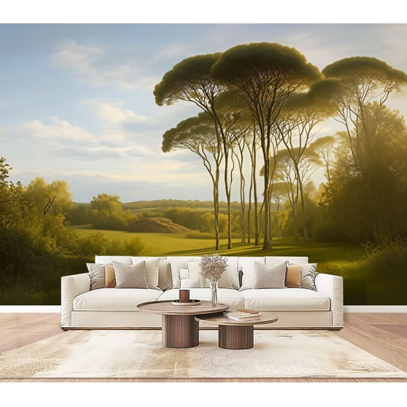Wallpaper Sunset Landscape Tall Pine Trees Green Field Vintage Peel and Stick Wall Murals 100"H x 144"W Removable PVC Wall Paper Self-Adhesive Wall Paintings Art Decor for Bedroom Living Room
