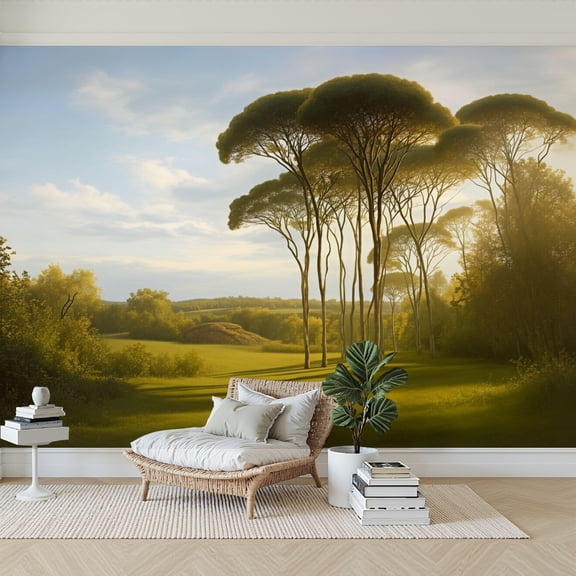 Wallpaper Sunset Landscape Tall Pine Trees Green Field Vintage Peel and Stick Wall Murals 69"H x 96"W Removable PVC Wall Paper Self-Adhesive Wall Paintings Art Decor for Bedroom Living Room