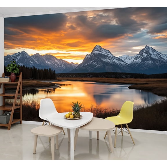 Wallpaper Sunset Mountain Nature Grand Teton Landscape National Peel and Stick Wall Murals 69"H x 96"W Removable PVC Wall Paper Self-Adhesive Wall Paintings Art Decor for Bedroom Living Room