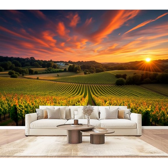 Wallpaper Sunset Rolling Vineyard Landscape Green Vines Dramatic Peel and Stick Wall Murals 100"H x 144"W Removable PVC Wall Paper Self-Adhesive Wall Paintings Art Decor for Bedroom Living Room