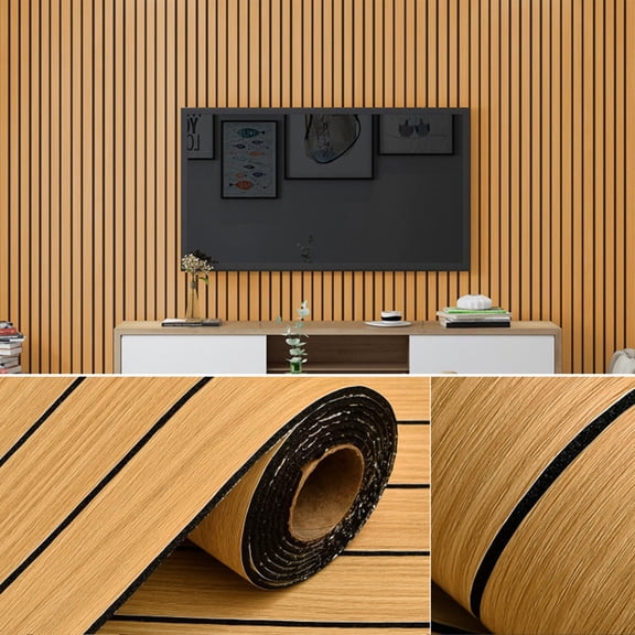 Wallpaper TV Background Wall Grille,3D Wood Slat Wall Paper Wooden Slats Panels ,Waterproof Wood Slat Texture Wall Panels Peel & Stick Wallpaper Self Adhesive Foam Wall Covering,40 x 300 cm