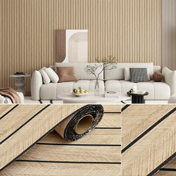 Wallpaper TV Background Wall Grille,3D Wood Slat Wall Paper Wooden Slats Panels ,Waterproof Wood Slat Texture Wall Panels Peel & Stick Wallpaper Self Adhesive Foam Wall Covering,40 x 300 cm