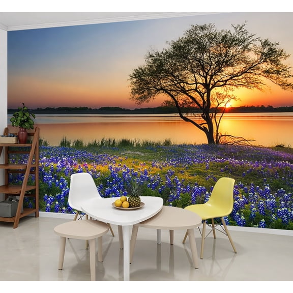 Wallpaper Texas Bluebonnet field blooming spring by lake sunset Peel and Stick Wall Murals 69"H x 96"W Removable PVC Wall Paper Self-Adhesive Wall Paintings Art Decor for Bedroom Living Room