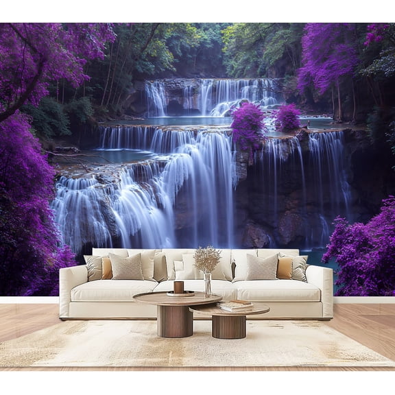 Wallpaper Thai Forest Waterfall Purple Trees Landscape Nature Waterfalls Peel and Stick Wall Murals 100"H x 144"W Removable PVC Wall Paper Self-Adhesive Wall Paintings Art for Bedroom Living Room