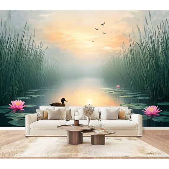 Wallpaper Tranquil Duck Serene Pond Pink Water Lilies Sunset Sky Peel and Stick Wall Murals 100"H x 144"W Removable PVC Wall Paper Self-Adhesive Wall Paintings Art Decor for Bedroom Living Room