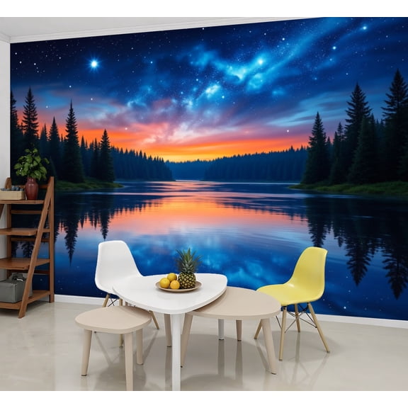 Wallpaper Tranquil Forest River Starry Sky Colorful Sunset Peel and Stick Wall Murals 69"H x 96"W Removable PVC Wall Paper Self-Adhesive Wall Paintings Art Decor for Bedroom Living Room