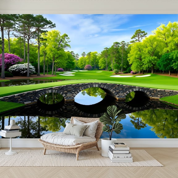 Wallpaper Tranquil Golf Course Landscape Stone Bridge Greenery Peel and Stick Wall Murals 69"H x 96"W Removable PVC Wall Paper Self-Adhesive Wall Paintings Art Decor for Bedroom Living Room