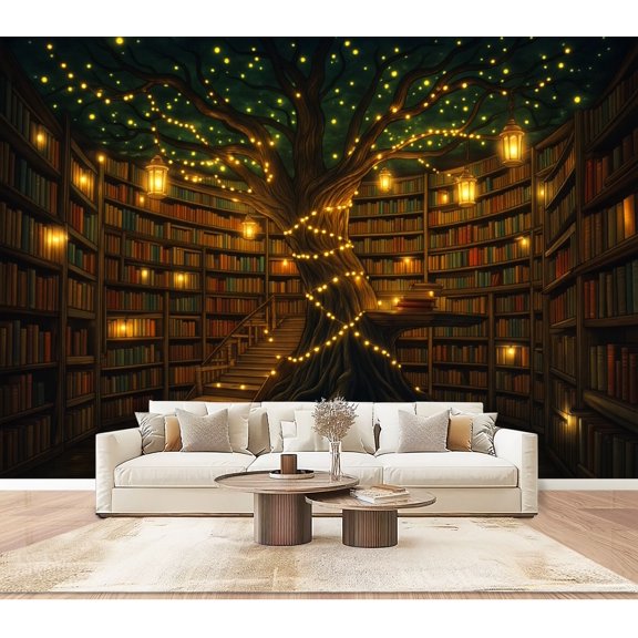 Wallpaper Tree Bookstore Glowing Lights Stairs Bookworm library Peel and Stick Wall Murals 100"H x 144"W Removable PVC Wall Paper Self-Adhesive Wall Paintings Art Decor for Bedroom Living Room