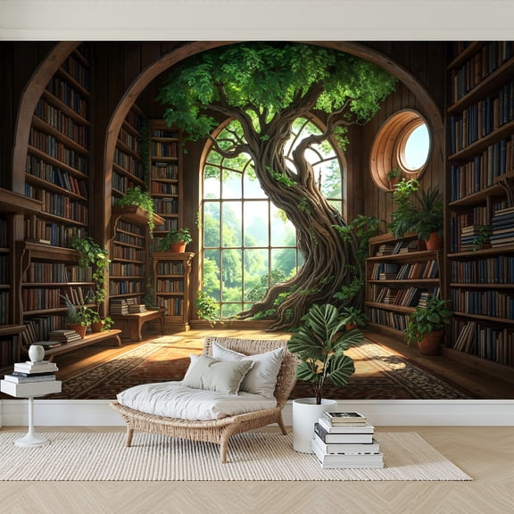 Wallpaper Tree Growing Inside Sunlit Wooden Library Arched Window Peel and Stick Wall Murals 69"H x 96"W Removable PVC Wall Paper Self-Adhesive Wall Paintings Art Decor for Bedroom Living Room