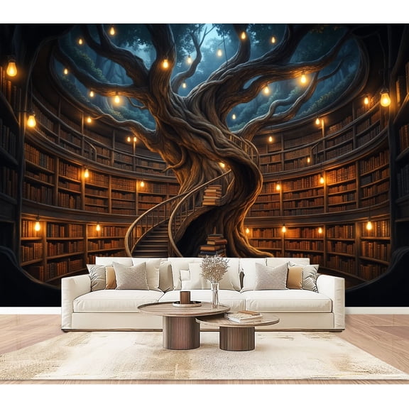 Wallpaper Tree Library Spiral Staircase Lanterns Fantasy Forest Peel and Stick Wall Murals 100"H x 144"W Removable PVC Wall Paper Self-Adhesive Wall Paintings Art Decor for Bedroom Living Room