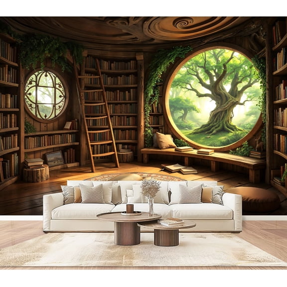 Wallpaper Tree View Library Round Window Wooden Bookshelves Green Nature Peel and Stick Wall Murals 100"H x 144"W Removable PVC Wall Paper Self-Adhesive Wall Paintings Art for Bedroom Living Room