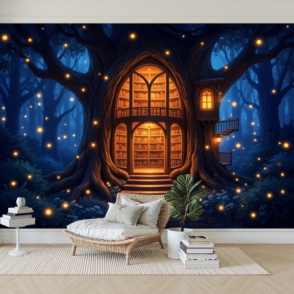 Wallpaper Treehouse Library Glowing Magical Fireflies Librarian Reader Peel and Stick Wall Murals 69"H x 96"W Removable PVC Wall Paper Self-Adhesive Wall Paintings Art Decor for Bedroom Living Room