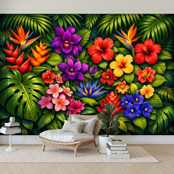 Wallpaper Tropical Flowers Jungle Leaves Vibrant Exotic Botanical Peel and Stick Wall Murals 69"H x 96"W Removable PVC Wall Paper Self-Adhesive Wall Paintings Art Decor for Bedroom Living Room
