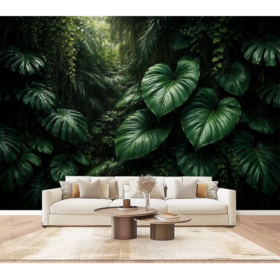 Wallpaper Tropical Green Leaves Rainforest Jungle Botanical Peel and Stick Wall Murals 100"H x 144"W Removable PVC Wall Paper Self-Adhesive Wall Paintings Art Decor for Bedroom Living Room