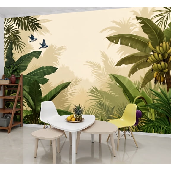 Wallpaper Tropical Jungle Banana Leaves Birds Beige Green Foliage Peel and Stick Wall Murals 69"H x 96"W Removable PVC Wall Paper Self-Adhesive Wall Paintings Art Decor for Bedroom Living Room