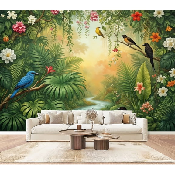 Wallpaper Tropical Jungle Colorful Flowers foliage rainforest scene Peel and Stick Wall Murals 100"H x 144"W Removable PVC Wall Paper Self-Adhesive Wall Paintings Art Decor for Bedroom Living Room
