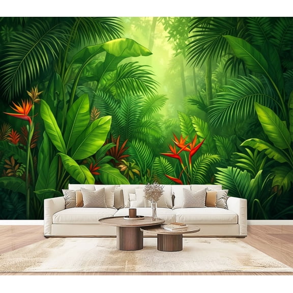 Wallpaper Tropical Jungle Green Leaf Jungle Tropical Foliage Palm Peel and Stick Wall Murals 100"H x 144"W Removable PVC Wall Paper Self-Adhesive Wall Paintings Art Decor for Bedroom Living Room