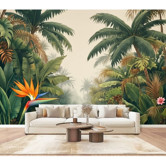 Wallpaper Tropical Jungle Landscape Vibrant Greenery Strelitzia Peel and Stick Wall Murals 100"H x 144"W Removable PVC Wall Paper Self-Adhesive Wall Paintings Art Decor for Bedroom Living Room