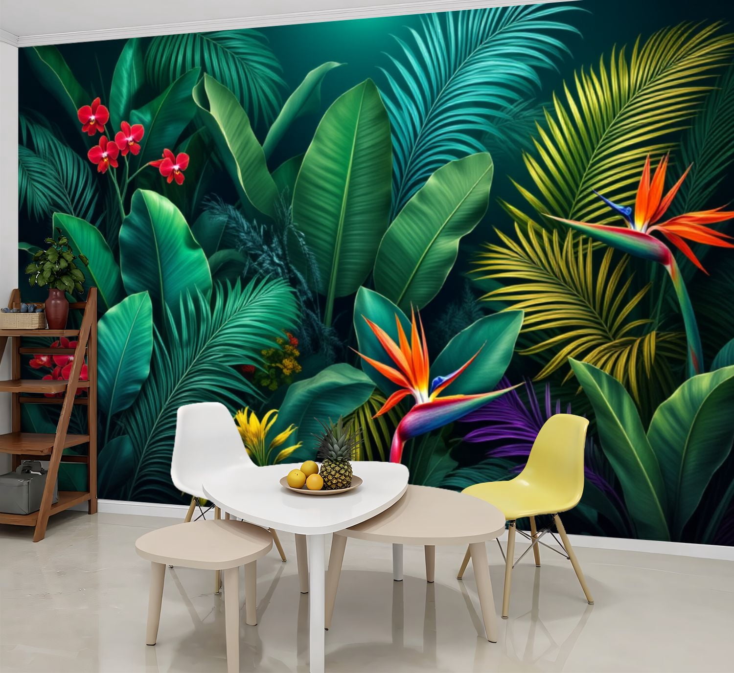 Wallpaper Tropical Jungle Leaves Exotic Bird Paradise Flowers Peel and ...