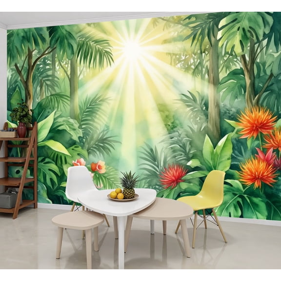 Wallpaper Tropical Jungle Sun Green Foliage Exotic Flowers Peel and Stick Wall Murals 69"H x 96"W Removable PVC Wall Paper Self-Adhesive Wall Paintings Art Decor for Bedroom Living Room