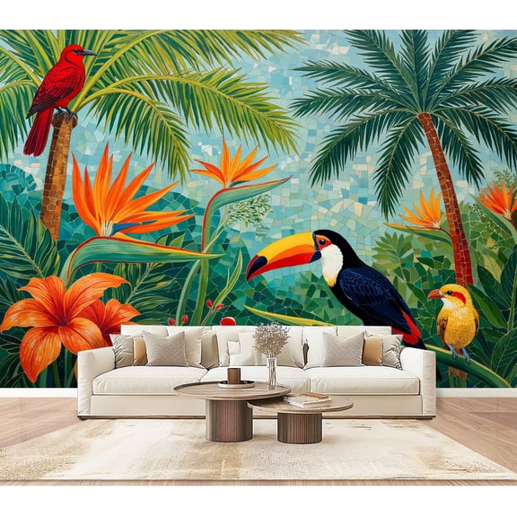 Wallpaper Tropical Jungle Vibrant Birds Flowers Greenery Woodland Peel and Stick Wall Murals 100"H x 144"W Removable PVC Wall Paper Self-Adhesive Wall Paintings Art Decor for Bedroom Living Room