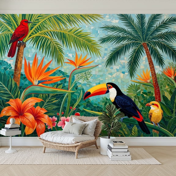 Wallpaper Tropical Jungle Vibrant Birds Flowers Greenery Woodland Peel and Stick Wall Murals 69"H x 96"W Removable PVC Wall Paper Self-Adhesive Wall Paintings Art Decor for Bedroom Living Room